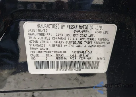 2012 Infiniti G37X from USA, damaged, VIN JN1CV6AR7CM976498